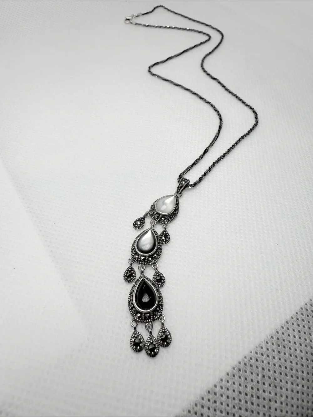 Vintage Italian Art Deco Marcasite Onyx Mother of Pearl Chandelier Drop Necklace